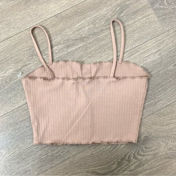 Primark Crop Tank Top Button Front Taupe Lettuce trim Ribbed Size Small - Picture 7 of 9